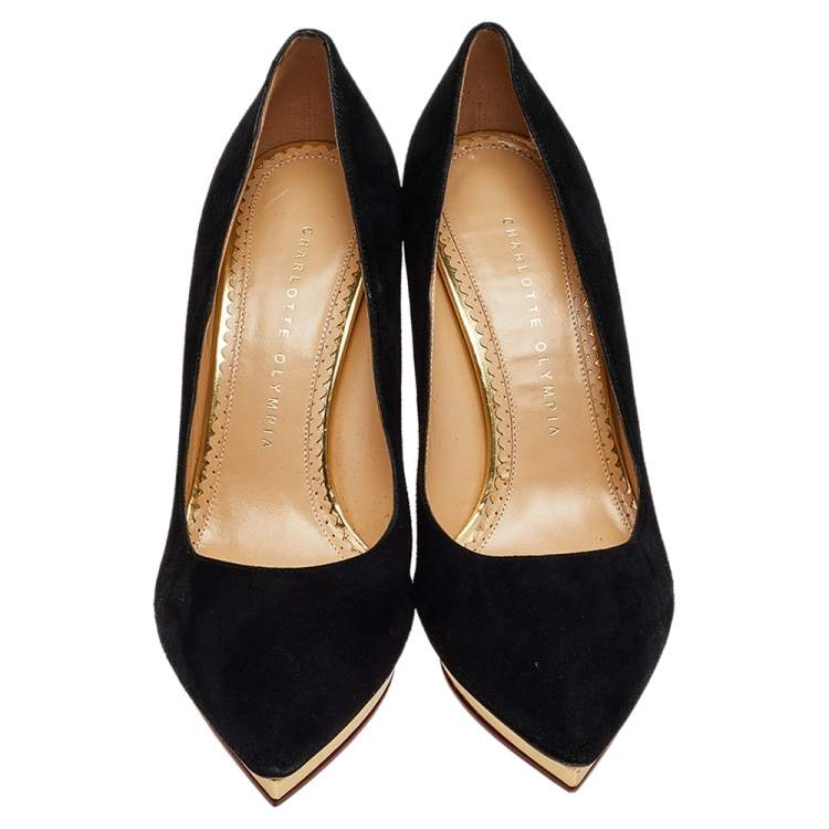 Pre Owned Charlotte Olympia Black Suede Dotty Pumps Size 39