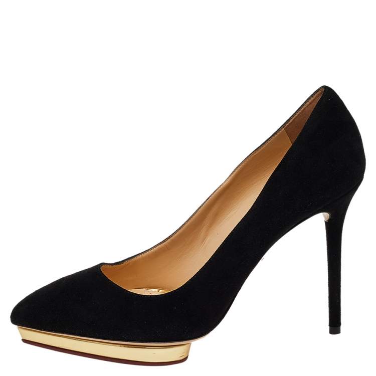 Pre Owned Charlotte Olympia Black Suede Dotty Pumps Size 39