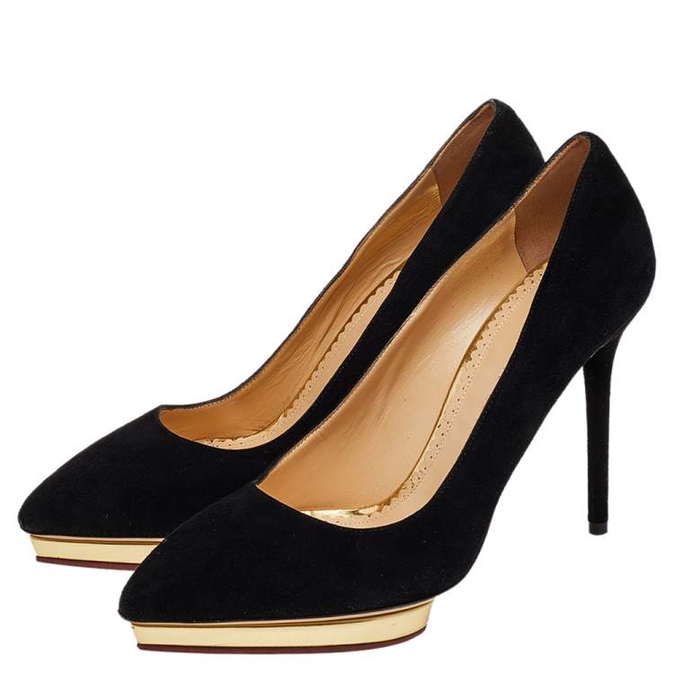 Pre Owned Charlotte Olympia Black Suede Dotty Pumps Size 39