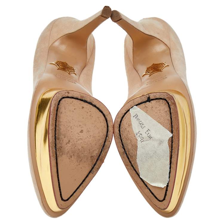 Pre Owned Charlotte Olympia Beige Suede Dolly Pumps Size 38.5