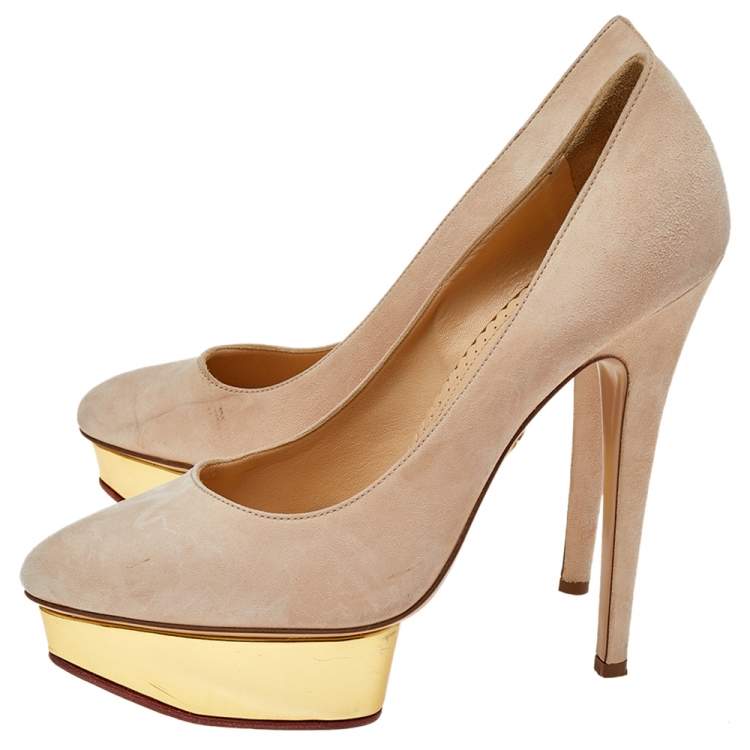 Pre Owned Charlotte Olympia Beige Suede Dolly Pumps Size 38.5