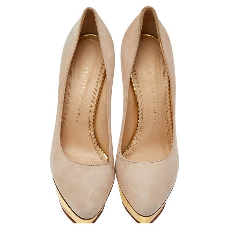 Pre Owned Charlotte Olympia Beige Suede Dolly Pumps Size 38.5