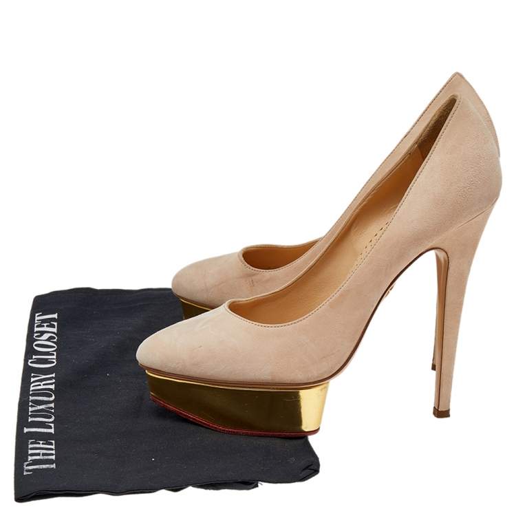 Pre Owned Charlotte Olympia Beige Suede Dolly Pumps Size 38.5