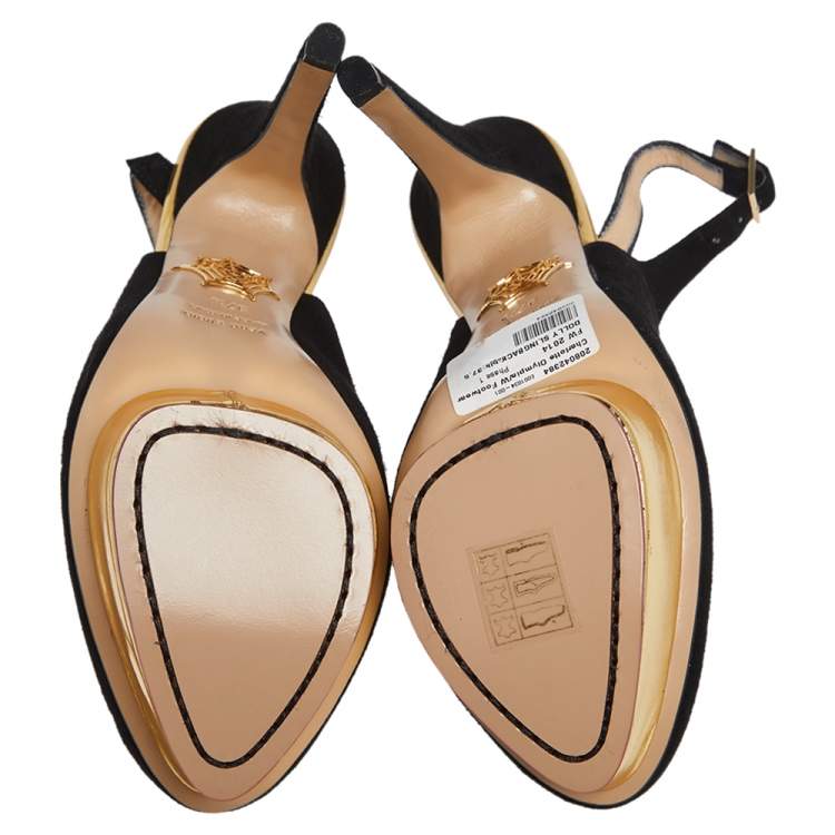 Pre Owned Charlotte Olympia Black Suede Dolly Platform Slingback Sandals Size 37.5
