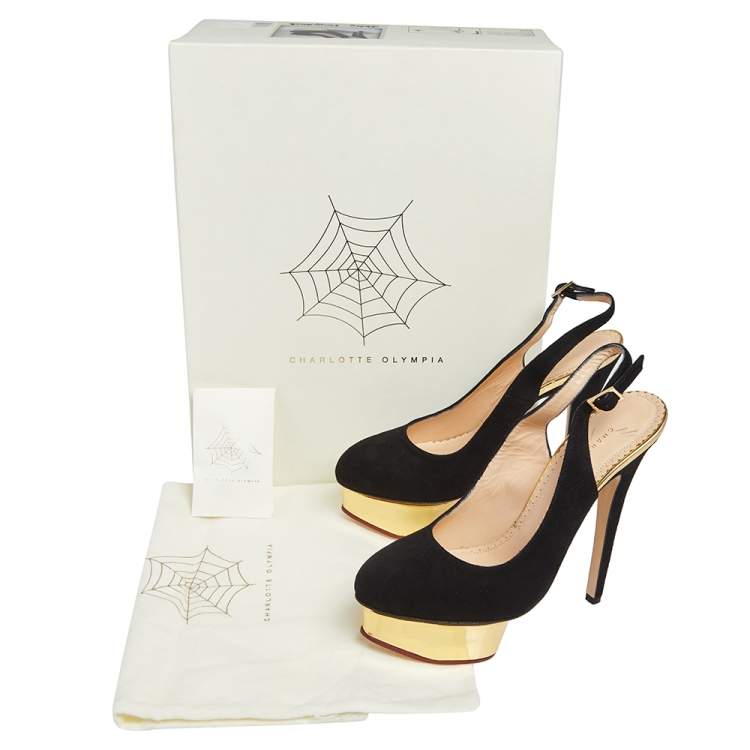 Pre Owned Charlotte Olympia Black Suede Dolly Platform Slingback Sandals Size 37.5