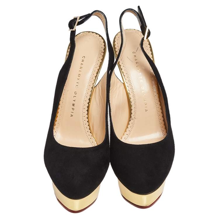 Pre Owned Charlotte Olympia Black Suede Dolly Platform Slingback Sandals Size 37.5