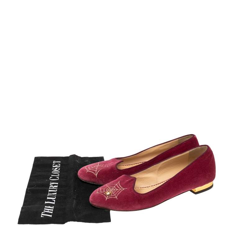 Pre Owned Charlotte Olympia Pink Velvet Embroidered Accent Loafers Size 39