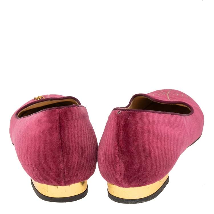 Pre Owned Charlotte Olympia Pink Velvet Embroidered Accent Loafers Size 39