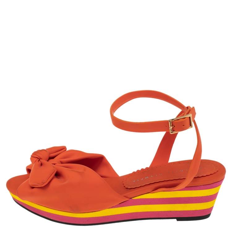 مملوكة مسبقًا Charlotte Olympia Multicolor PVC Bow Detail Ankle Strap Wedge Sandals Size 37.5