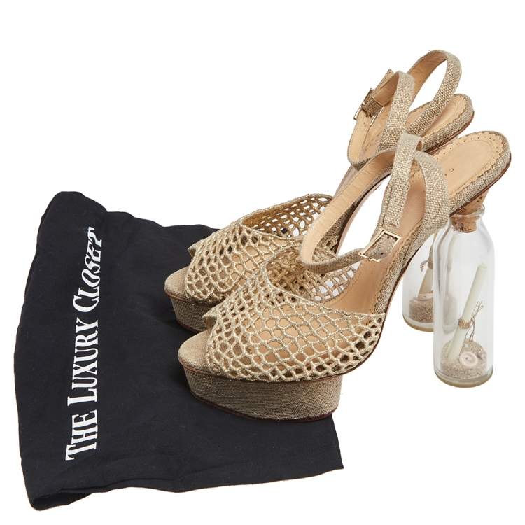 Pre Owned Charlotte Olympia Gold/Beige Jute And Fishnet Message In The Bottle Sandals Size 39