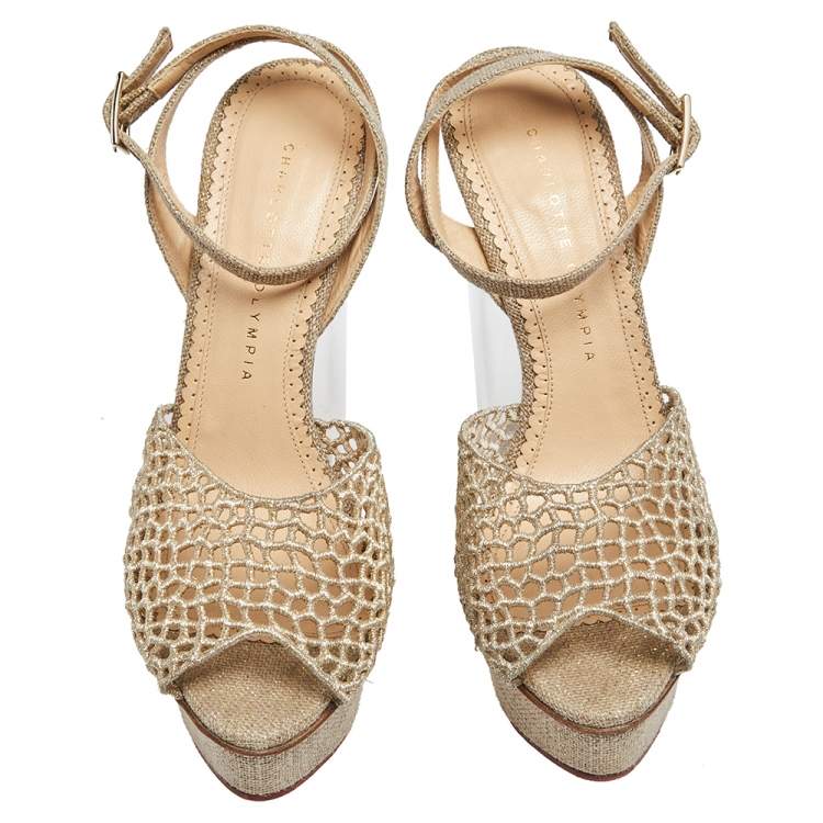 Pre Owned Charlotte Olympia Gold/Beige Jute And Fishnet Message In The Bottle Sandals Size 39