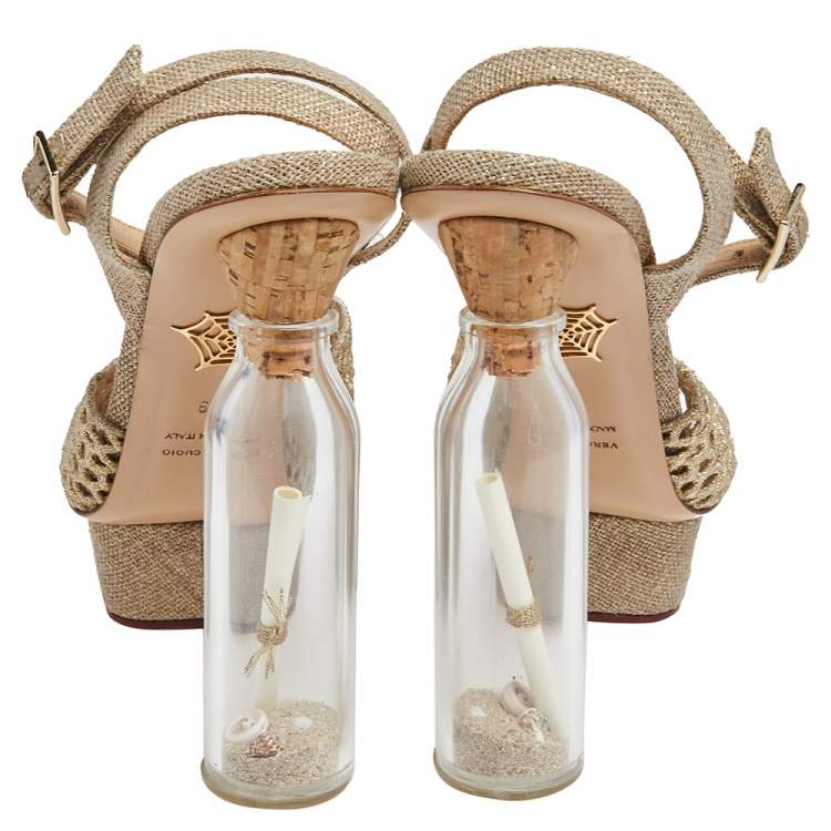 Pre Owned Charlotte Olympia Gold/Beige Jute And Fishnet Message In The Bottle Sandals Size 39