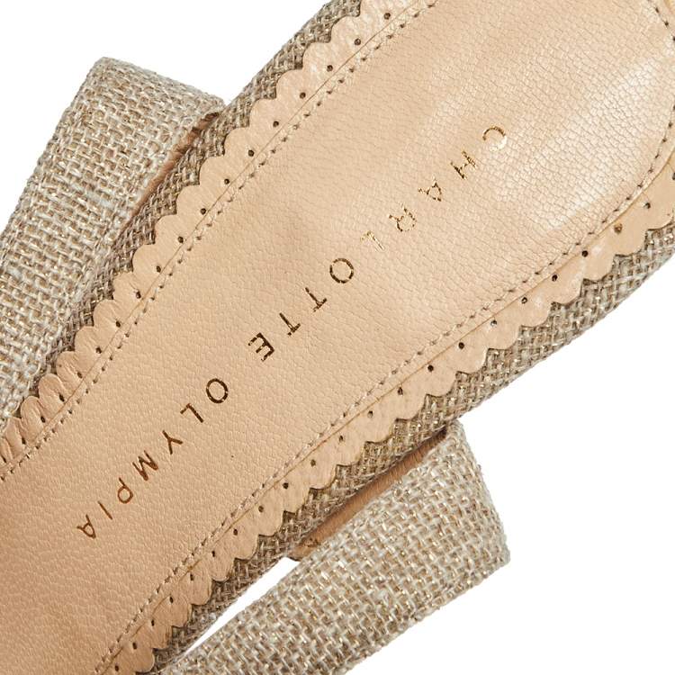 Pre Owned Charlotte Olympia Gold/Beige Jute And Fishnet Message In The Bottle Sandals Size 39