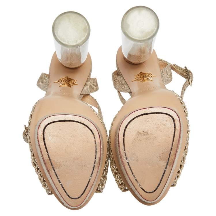 Pre Owned Charlotte Olympia Gold/Beige Jute And Fishnet Message In The Bottle Sandals Size 39