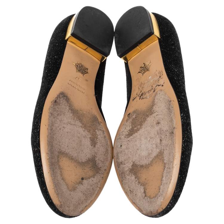 Pre Owned Charlotte Olympia Black/Gold Lurex Fabric Kitty Flats Size 37