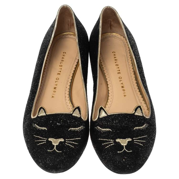 Pre Owned Charlotte Olympia Black/Gold Lurex Fabric Kitty Flats Size 37