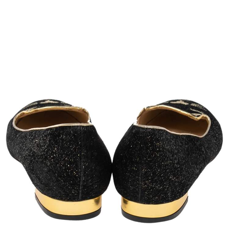 Pre Owned Charlotte Olympia Black/Gold Lurex Fabric Kitty Flats Size 37