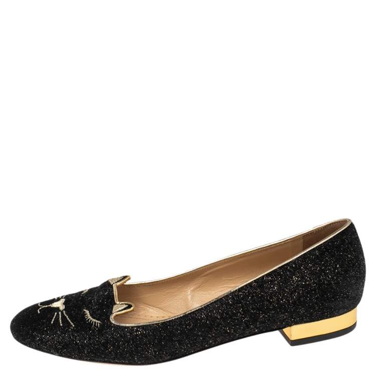 Pre Owned Charlotte Olympia Black/Gold Lurex Fabric Kitty Flats Size 37