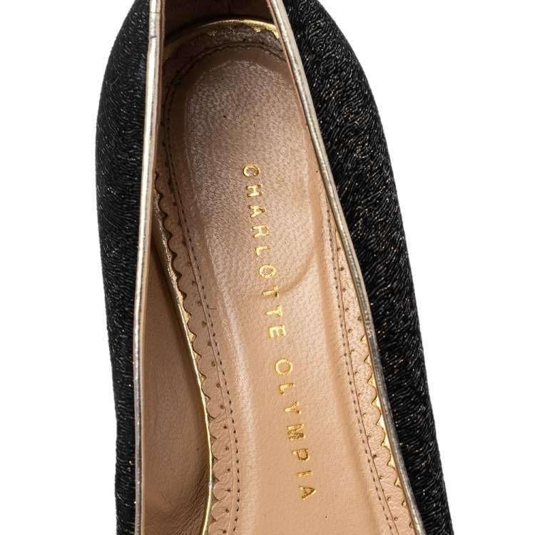 Pre Owned Charlotte Olympia Black/Gold Lurex Fabric Kitty Flats Size 37