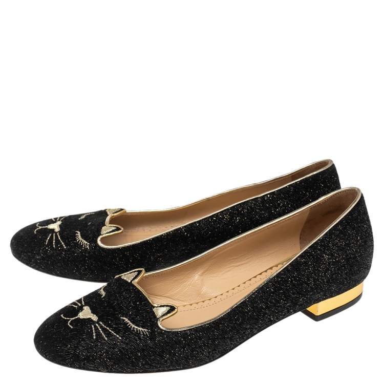 Pre Owned Charlotte Olympia Black/Gold Lurex Fabric Kitty Flats Size 37