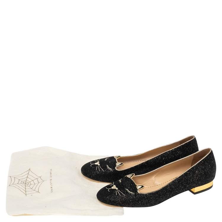 Pre Owned Charlotte Olympia Black/Gold Lurex Fabric Kitty Flats Size 37