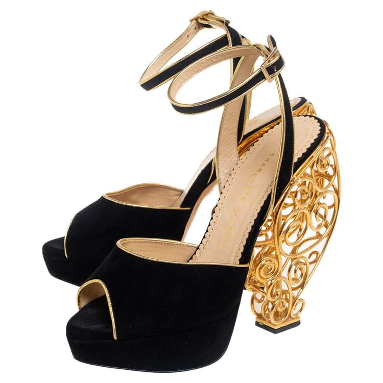 Pre Owned Charlotte Olympia Black/Gold Suede Avalon Peep Toe Platform Wire Heel Ankle Strap Sandals Size 39