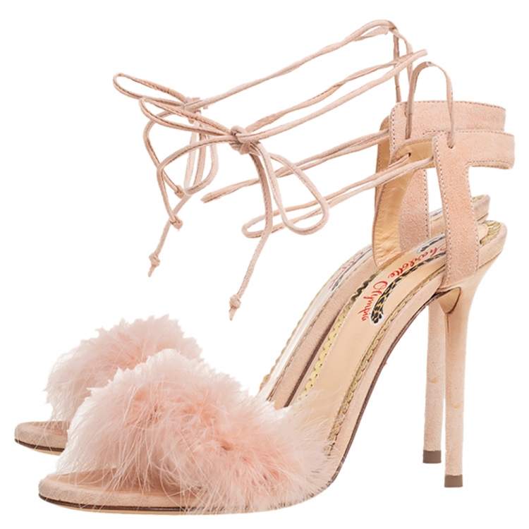 Pre Owned Charlotte Olympia Beige Suede And Feather Embellished Salsa Sandals Size 39