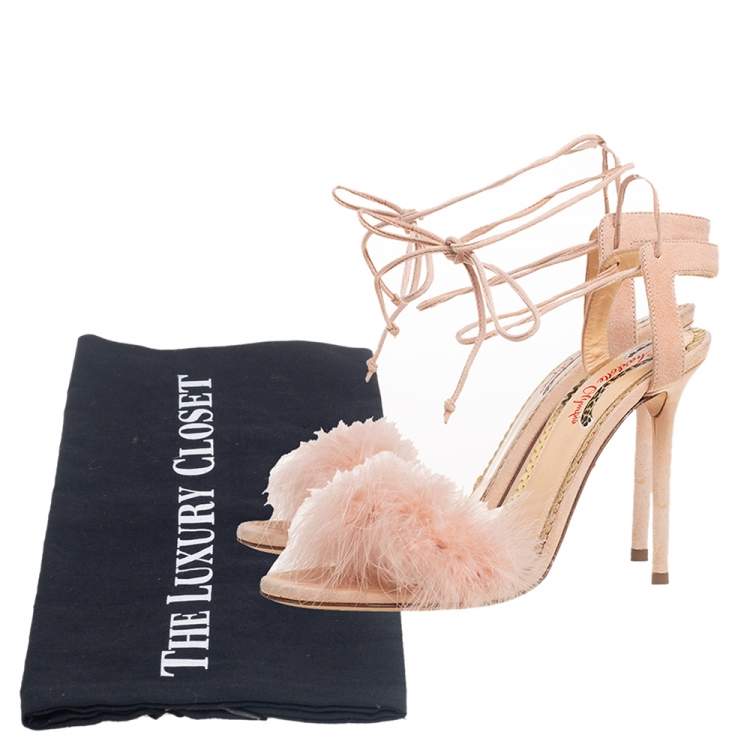 Pre Owned Charlotte Olympia Beige Suede And Feather Embellished Salsa Sandals Size 39