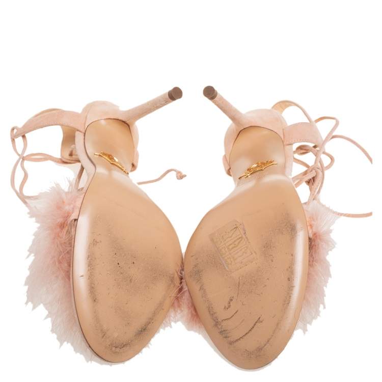 Pre Owned Charlotte Olympia Beige Suede And Feather Embellished Salsa Sandals Size 39