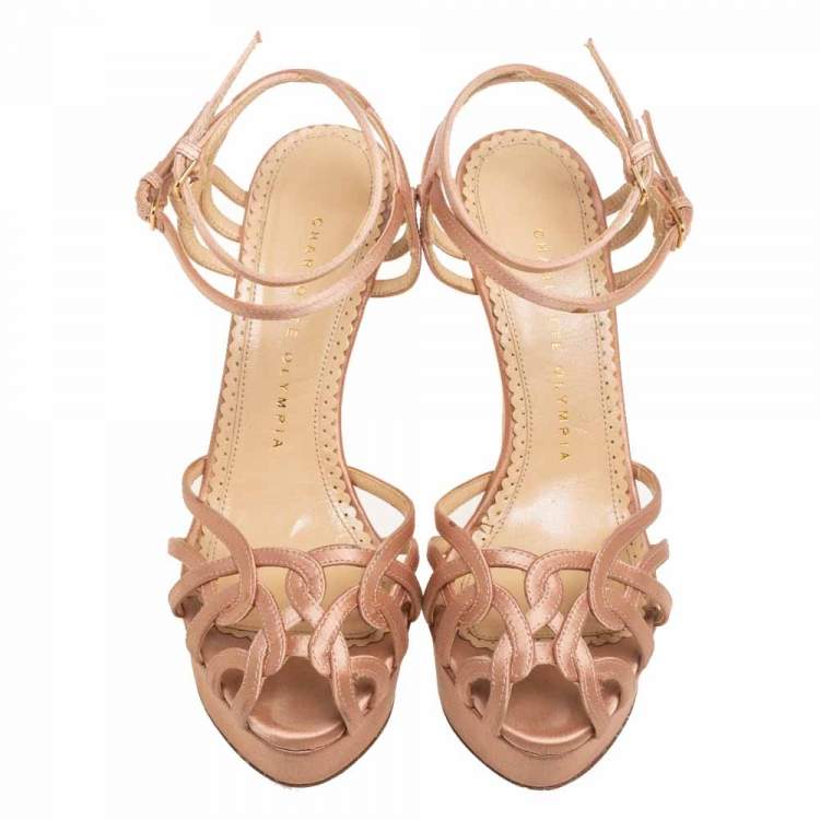 Pre Owned Charlotte Olympia Beige Satin Tiffani Platform Sandals Size  36.5