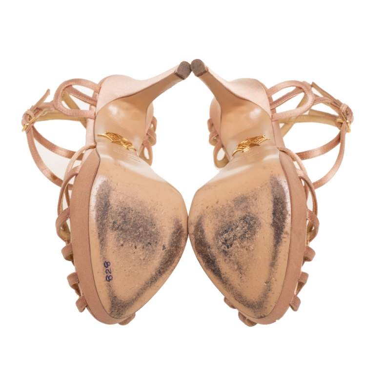 Pre Owned Charlotte Olympia Beige Satin Tiffani Platform Sandals Size  36.5