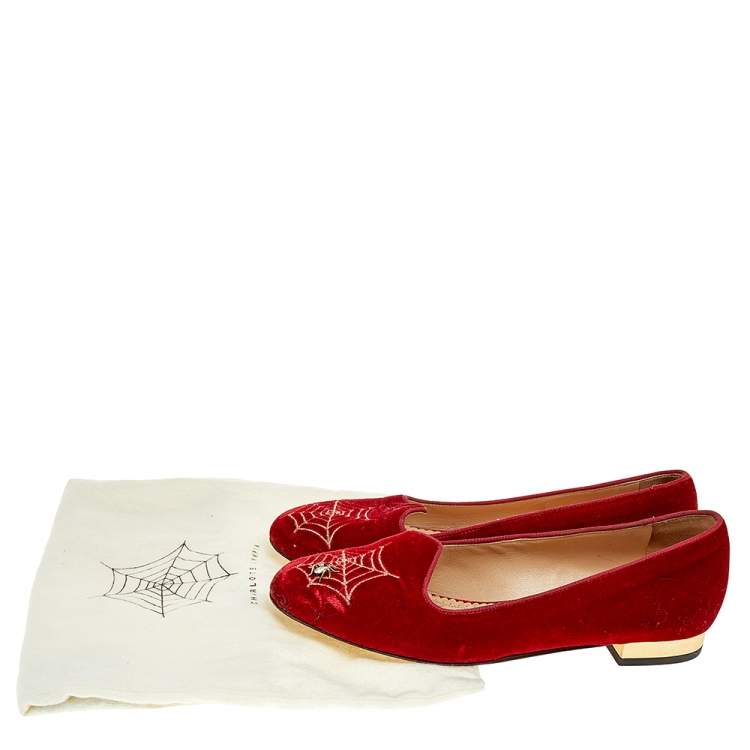 Pre Owned Charlotte Olympia Red Velvet Embroidered Ballet Flats Size 37