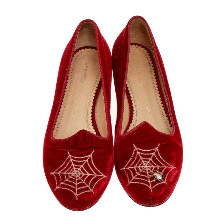 Pre Owned Charlotte Olympia Red Velvet Embroidered Ballet Flats Size 37