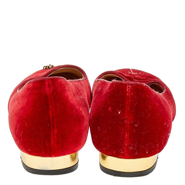 Pre Owned Charlotte Olympia Red Velvet Embroidered Ballet Flats Size 37