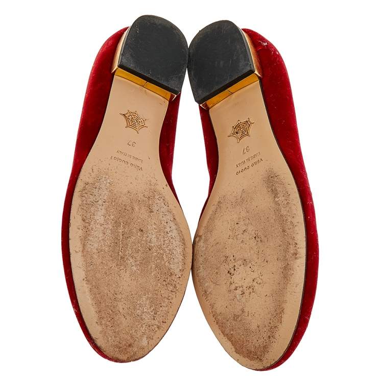 Pre Owned Charlotte Olympia Red Velvet Embroidered Ballet Flats Size 37