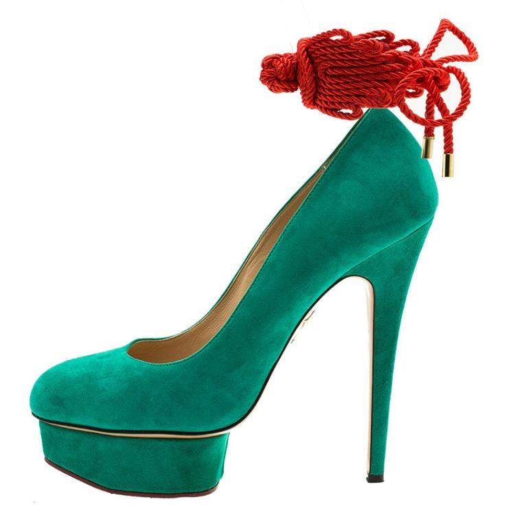 Pre Owned Charlotte Olympia Green Suede Dolly Platform Pumps Size 40
