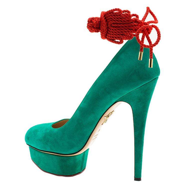 Pre Owned Charlotte Olympia Green Suede Dolly Platform Pumps Size 40