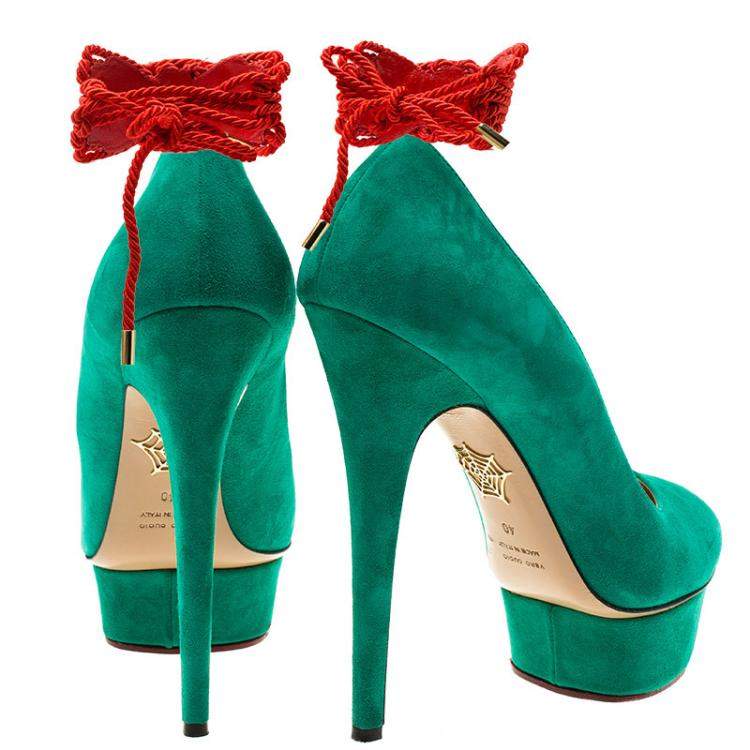 Pre Owned Charlotte Olympia Green Suede Dolly Platform Pumps Size 40