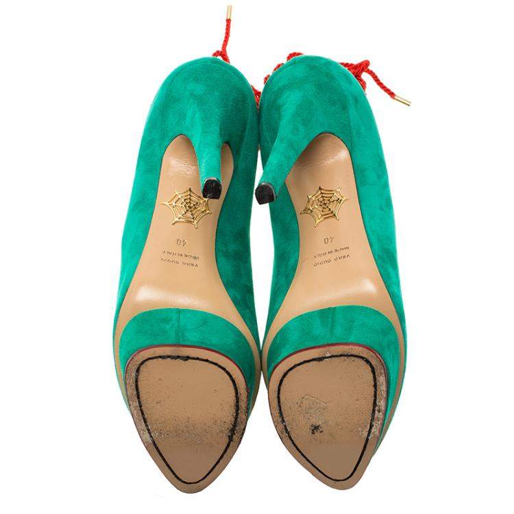 Pre Owned Charlotte Olympia Green Suede Dolly Platform Pumps Size 40