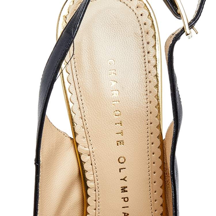 Pre Owned Charlotte Olympia Black Leather Dolly Platform Slingback Pumps Size 38.5