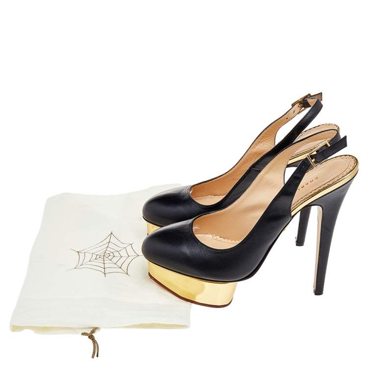 Pre Owned Charlotte Olympia Black Leather Dolly Platform Slingback Pumps Size 38.5