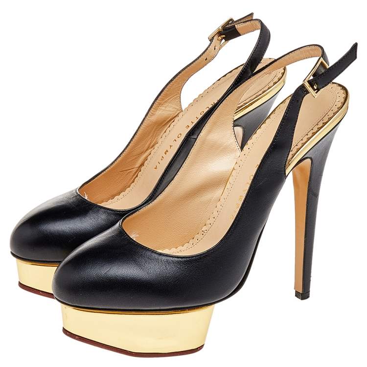 Pre Owned Charlotte Olympia Black Leather Dolly Platform Slingback Pumps Size 38.5