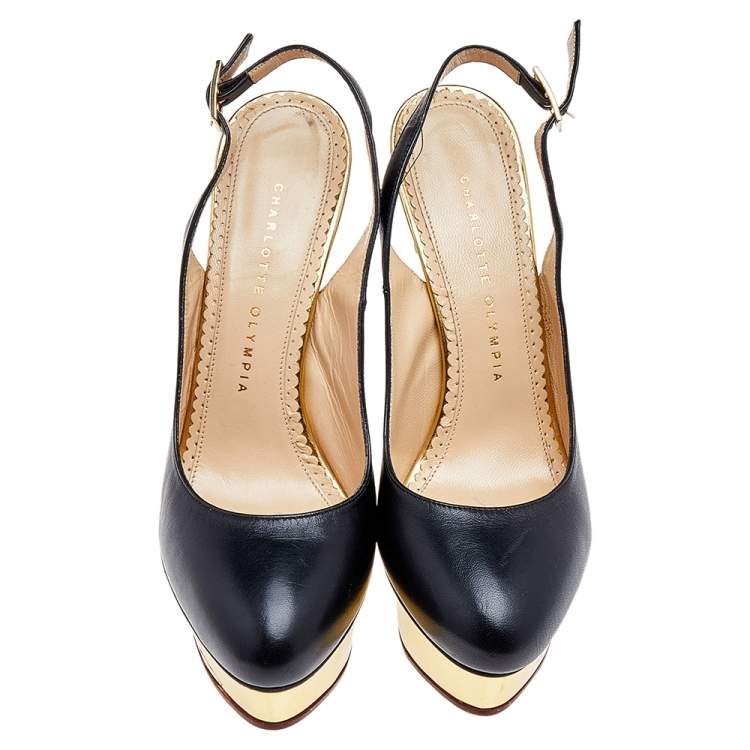 Pre Owned Charlotte Olympia Black Leather Dolly Platform Slingback Pumps Size 38.5
