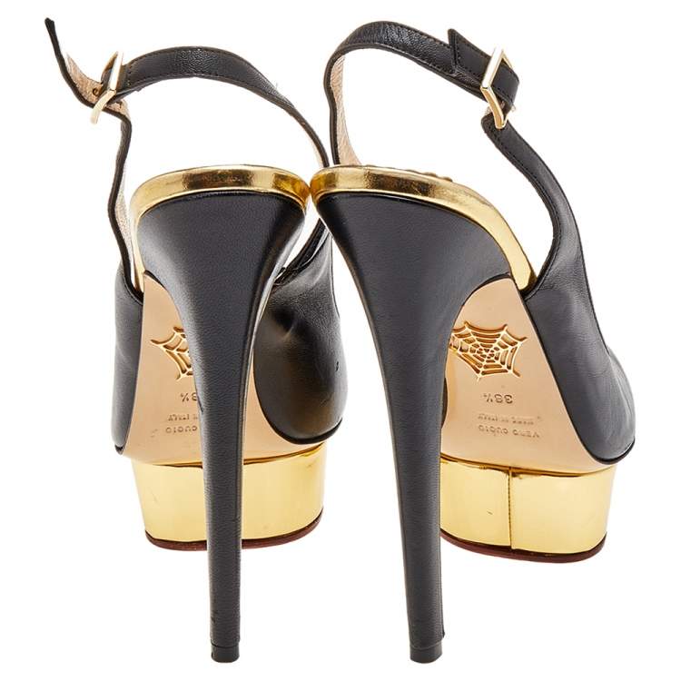 Pre Owned Charlotte Olympia Black Leather Dolly Platform Slingback Pumps Size 38.5