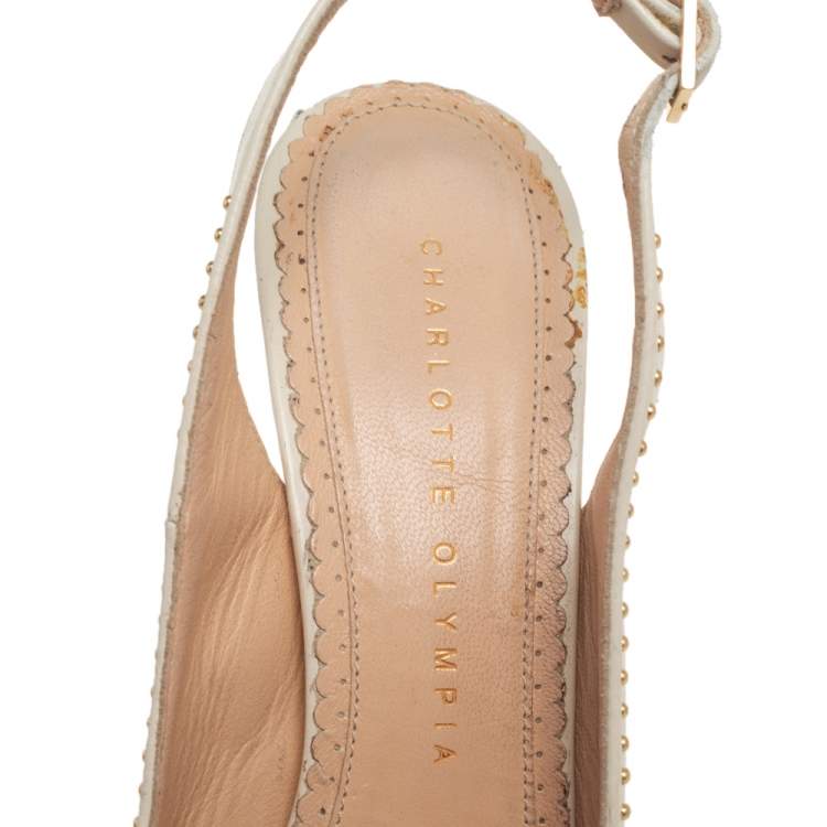 Pre Owned Charlotte Olympia Cream Leather Studded Slingback Sandals Size 36