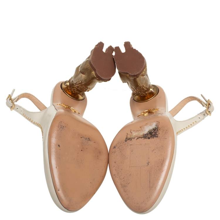 Pre Owned Charlotte Olympia Cream Leather Studded Slingback Sandals Size 36