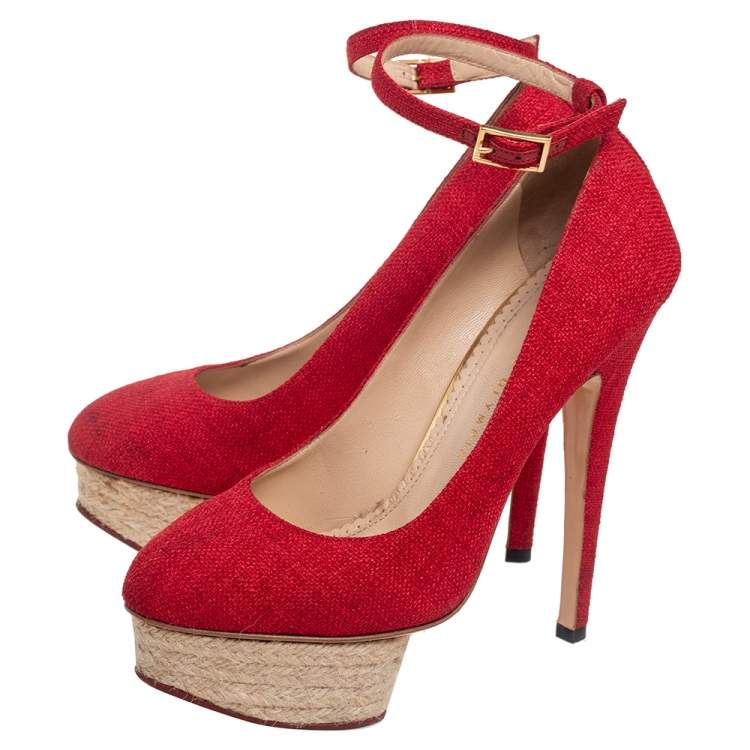 Pre Owned Charlotte Olympia Red Canvas Dolly Platform Pumps Size 38