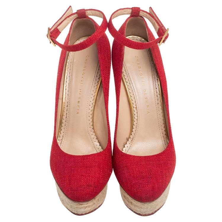 Pre Owned Charlotte Olympia Red Canvas Dolly Platform Pumps Size 38