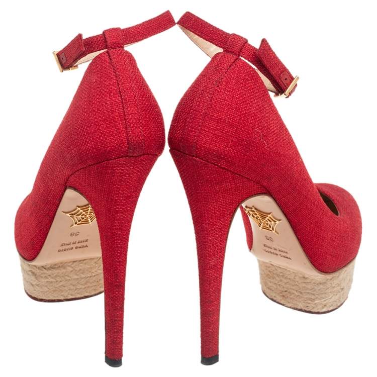 Pre Owned Charlotte Olympia Red Canvas Dolly Platform Pumps Size 38