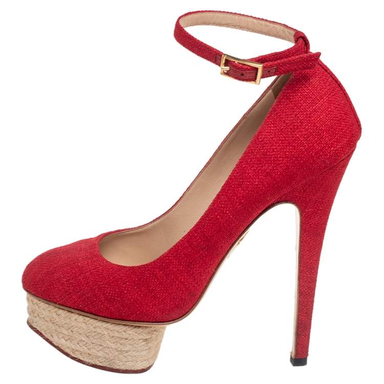 Pre Owned Charlotte Olympia Red Canvas Dolly Platform Pumps Size 38